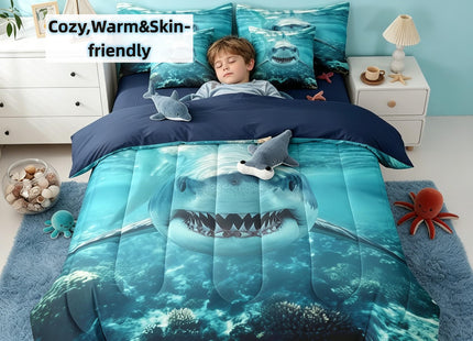 Erosebridal Shark Comforter Set Twin 3D Shark 7 Piece Bedding Set for Kids,Marine Ocean Animal Bedding Sets Shark Fish Reversible Room Decor Underwater Ocean World Quilt with Flat Fitted Sheet