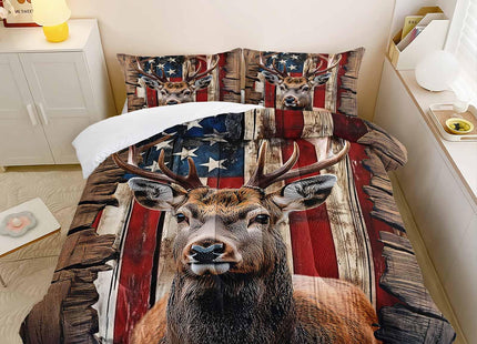 Nttopship Deer Hunting Comforter Sets Twin Size,American Flag Bedding Set 3 Piece for Girls Women Teens Adult Kids Boys,Woodland Moose Wildlife Room Decor Comforter Set with 2 Pillowcases