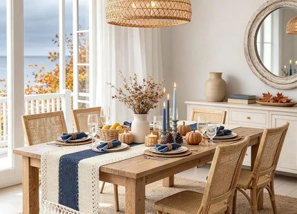 yuboo Table Runner 72 Inches Long, Blue and White Table Runner - Farmhouse Coastal Boho Macrame Dresser Runners for Bedroom, Dining & Coffee Table with Tassels