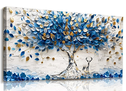 imjiayu Oversized Blue Tree Wall Art, Abstract Deer Canvas, Modern Nature