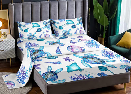 XYNHML Blue Sea Turtle Sheet 4Pcs Twin Ocean Coral Starfish Shell Fish Bedding Set for Kid Teen Girl Boy Adult Bed Decor Conch Manta Ray Bedspread with 1 Flat Sheet and 1 Fitted Sheet+2 Pillowcases