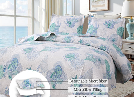 Hailea Ocean Quilt Full/Queen Size Coastal Bedding Lightweight Summer Beach Theme Bedspread Nautical Coverlet Blue Seashell Conch Bed Sheet with 2 Pillowshams (Green,Full/Queen)