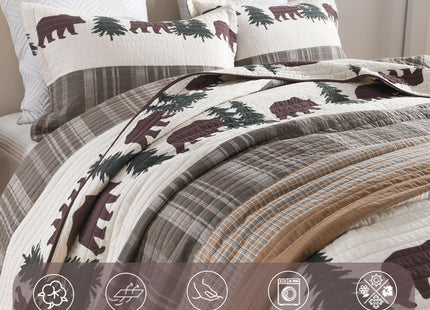 Finlonte Quilt King Size, 100% Cotton Christmas King Size Quilt, Lodge Cabin Farmhouse King Quilt, Brown Green Lightweight Soft Quilt Bedspread Sets for All Season, 3 Pieces
