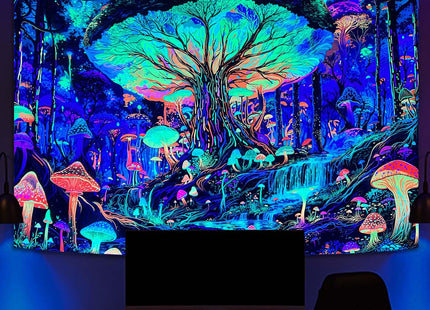 Kanuyee Blacklight Giant Mushroom Tree Forest Tapestry, UV Reactive Fantasy Wonderland Wall Art for Room Decor, Luminous Nature Home Decor 60L x 44W