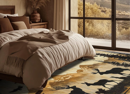 Yoozitrees Wildlife Rugs for Cabin - Wildlife Rug, 8x10 Rug, Deer Moose Wild Animal Silhouette Area Rug, Rustic Wood Print Carpet, Washable & Non Slip & Soft Large Rugs, Wildlife Home Decor