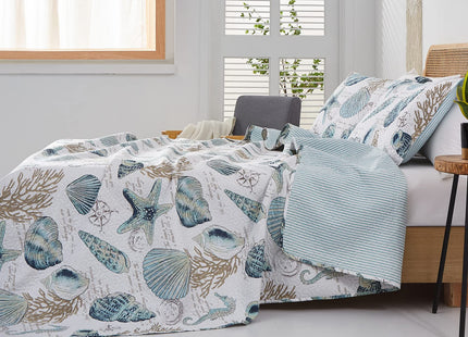Jarson 3 Pcs Coastal Quilt Set King Size Lightweight Summer Bedspreads Beach Conch Seashell Coverlet Set Ocean Theme Microfiber Reversible Bedding Set (1 Quilt +2 Pillow Shams, Yellow Green)