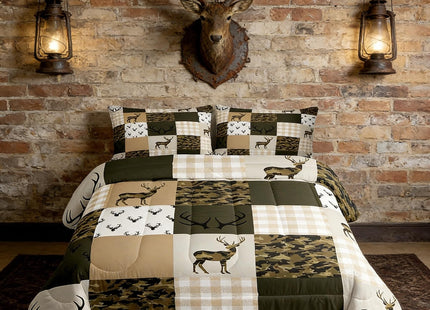 Homewish Camouflage Comforter Set Full Size Woodland Camo Quilt Set Green and Beige Plaid Print Bedding Set 3pcs for Kids Boys Teens Room Decor, Animal Deer Antlers Duvet Insert with 2 Pillowcases