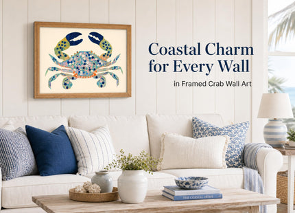 UAWRL Solid Wood Framed Watercolor Blue Coastal Crab Canvas Wall Art
