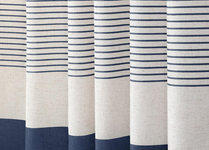 Navy Blue Coastal Ocean Linen Striped Shower Curtain with Tassel 72W X 72L