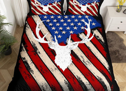 American Flag Retro Duvet Cover Set Full Size,Deer Antlers Animal Comforter Cover,Boys Adults Xmas/Bedroom Decor,Red Blue Stars Striped Bedding Set,Rustic Hunting Farmhouse Quilt Cover,2 Pillowcases