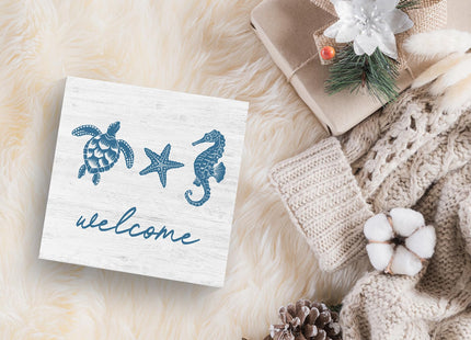 JRTW Welcome Rustic Summer Beach Wood Box Sign, 5x5 inches, Modern Starfish Theme, Tabletop Mount, Home & Office Decor