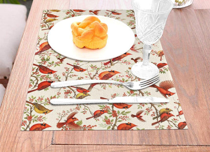 Red Cardinal Linen Placemats Set of 4, Washable Non-Slip Heat-Resistant Bird Berry Printed Table Mats for Kitchen Dining Table, Gift for Bird Lovers, Nature & Christmas Enthusiasts, Kitchen Home Decor