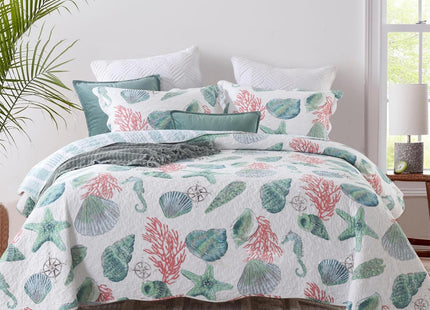 ABREEZE Coastal Beach Theme Bedding Queen Size Quilt Set Coverlet Cotton Reversible Starfish Seashell Conch Bedspread Coverlet Seaweed Coral Bed Cover with 2 Pillow Shams
