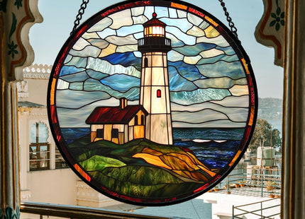 DASTOLL Stained Glass Window Hanging, Ocean Lighthouse Sun Catchers Glass Panel Blue Green Suncatcher Decor for Birthday for Women, Men, Wife, Aunt, and Mom 7.8 in