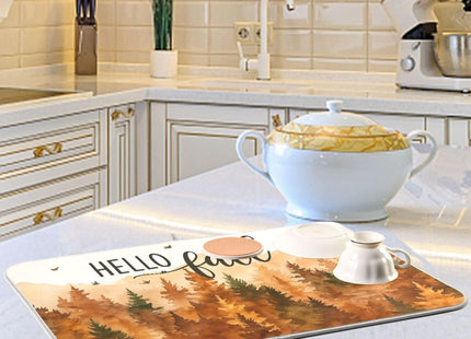 Hello Fall Forest Dish Drying Mat for Kitchen Countertop 18x24 Autumn Pine Tree Large Drying Mat Reusable Quick Dry Dish Sink Mats Easy Clean Decorative Essentials