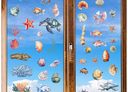 CRASPIRE 8 Sheets Sea Shell Starfish Window Decals Turtle Coral Stickers Wall Clings Peel and Stick PVC Waterproof Self Adhesive Decor for Fridge Bedroom Living Room Kitchen Store Showcase Dorm