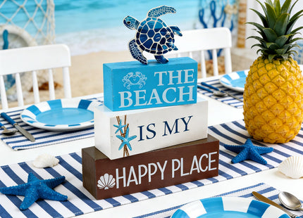 4 Pcs Summer Beach Table Decor Starfish Coastal Wooden Block Sign Sea Turtle Table Centerpieces Summer Tiered Tray Decor Nautical Beach Decorations for Home Kitchen Shelf Mantel Farmhouse