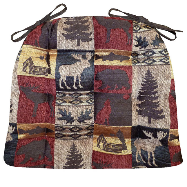 Yuki Dining Chair Pad with Ties - Size Standard - Wilderness Rustic Lodge & Lake House Decor (Beige, Blue - Grizzly, Moose, Owl, Fishing)