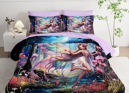 AILONEN Beautiful Butterfly Fairy Comforter Set, Twin Size 7-Piece,Magic Mushroom Bedding Set for Kids,Mysterious Fairy Forest Comforter & Fitted Sheet & Flat Sheet,2 Pillowcases,2 Pillow Shams
