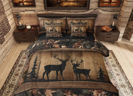 Erosebridal Rustic Cabin Bedding Sets 7 Piece Camo Hunting Deer Comforter Set Full Farmhouse Woodland Animal Bed in A Bag for Kids Boys Teen Men,Tree Camouflage Wildlife Sheet Set with Comforter