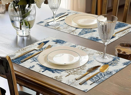 Vintage Winter Pine Tree Placemats Set of 6, Washable Linen Place Mat Heat Resistant Non Slip Kitchen Dining Table Mats 12x18 Inch