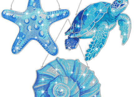 Yuefunny 3 Pcs Ocean Diamond Painting Hanging Kits, 5d DIY Coastal Diamond Art Turtle Starfish Door Sign, Summer Beach Hanging Decor for Home Garden Wall Window Under The Sea Party Favors