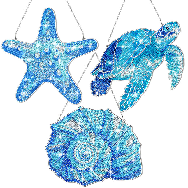 Yuefunny 3 Pcs Ocean Diamond Painting Hanging Kits, 5d DIY Coastal Diamond Art Turtle Starfish Door Sign, Summer Beach Hanging Decor for Home Garden Wall Window Under The Sea Party Favors