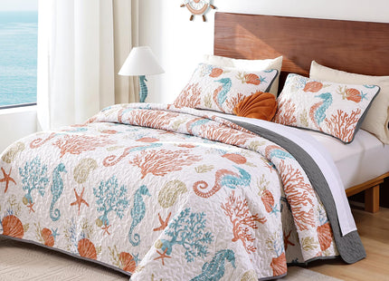 Djoymock Coastal Quilt Set King Size, 3 Pcs Beach Bedspread Coverlet Set