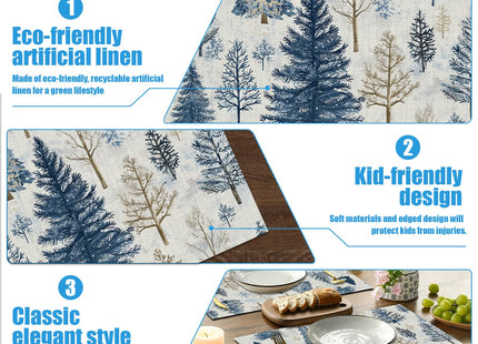 Vintage Winter Pine Tree Placemats Set of 6, Washable Linen Place Mat Heat Resistant Non Slip Kitchen Dining Table Mats 12x18 Inch