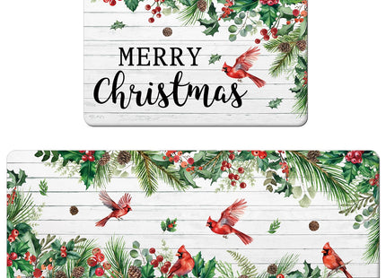 APROPHIC Merry Christmas Kitchen Mat, Cardinal Birds Pinecone Wood Grain Xmas Kitchen Mats for Floor Rug Set of 2, Non Slip with Rubber Backing, Washable Carpet for Hallways, Sink 16x24 + 16x41 in