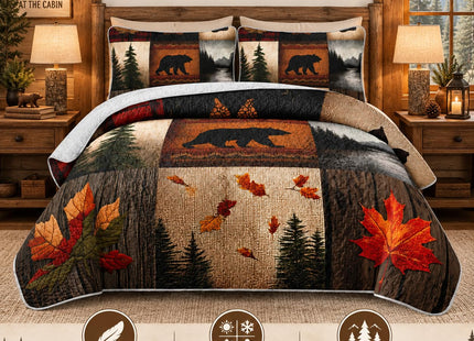 AILONEN Rustic Bear Quilt Set Queen Size,Western Bedspread Bedspread Coverlet with 2 Pillowcases,3-Piece Bear Walk Cabin Plaid Bedding Set