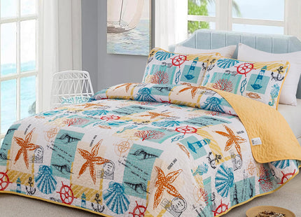 DJY Coastal Quilt King Size, 3 Pcs Yellow Beach Theme Bedspread Coverlet