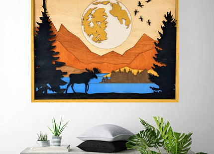 ImprovingLife Wall Art Décor Moose in the Forest Ladscape Wood Sculpture 3D effect