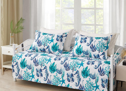 3 Piece Ocean Daybed Cover Set Twin Size Daybed Bedding Sets Beach Theme Daybed Cover Seahorse Starfish Shell Printed Bedspread Coverlet for Twin Bed with 2 Standard Shams,39"x75"
