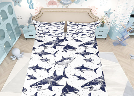 Erosebridal Shark Fitted Sheet Deep Pocket Full Size Ocean Life Bedding Set for Kids Boys Girls Children Underwater Word Sheet Set Sea Animal Bed Cover Grey and White Home Decoration(No Top Sheet)