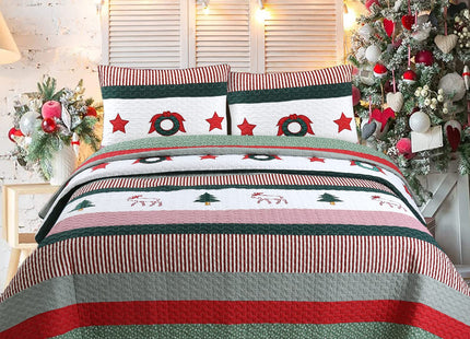 Cozy Line Home Fashions Rustic Christmas True Patchwork Trees Stars Moose Wreaths Reversible Quilt Bedding Set, Coverlet Bedspread (Rustic Christmas, King - 3 Piece)