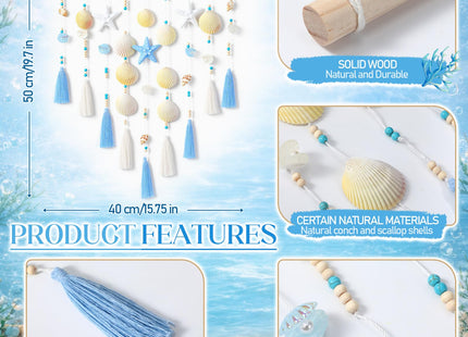 Wenqik Beach Coastal Wall Decor Handmade Ocean Themed 15.75 Inch Boho Wall Art with Starfish Seashells Blue White Beaded Tassel Hanging on Wooden Rod for Farmhouse Bathroom Bedroom Kitchen Dining Room