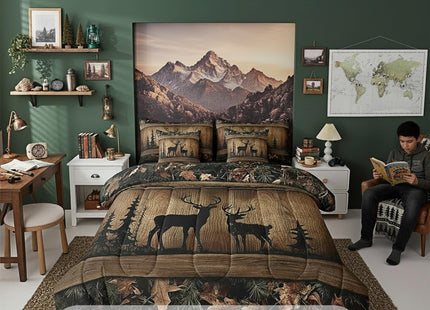 Erosebridal Rustic Cabin Bedding Sets 7 Piece Camo Hunting Deer Comforter Set Full Farmhouse Woodland Animal Bed in A Bag for Kids Boys Teen Men,Tree Camouflage Wildlife Sheet Set with Comforter