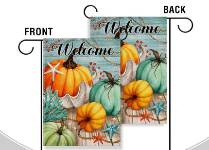 Artofy Welcome Fall Thanksgiving Teal blue Pumpkin Nautical Home Decorative Garden Flag, Autumn Yard Lawn Coastal Ocean Outside Decor, Beach Farmhouse Outdoor Small Burlap Decoration Double Sided