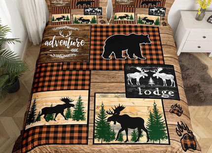 Erosebridal Retro Cabin Comforter Cover for Boys, Checkered Plaid Patchwork Duvet Cover King for Teens Adult Bedroom, Woodland Deer Bear Trees Bedding Set Country Farmhouse Moose Bed Cover, Brown