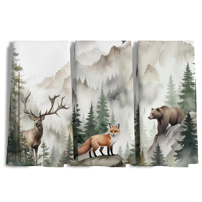 Nipil Farmhouse Forest Animals Kitchen Dish Towels Set of 3, Rustic Deer Fox Bear Mountain Nature Hand Towels for Cabin Lodge Camper Nursery Kitchen Bathroom Decor, 16x24 Inch