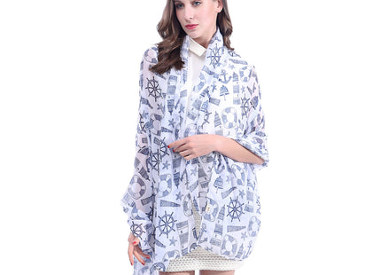 Lina & Lily Sailor Anchor Nautical Print Scarf Shawl Wrap Lightweight (White & Blue)
