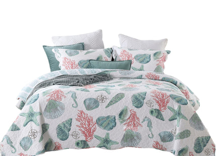 ABREEZE Coastal Beach Theme Bedding Queen Size Quilt Set Coverlet Cotton Reversible Starfish Seashell Conch Bedspread Coverlet Seaweed Coral Bed Cover with 2 Pillow Shams