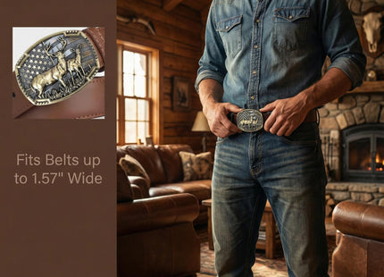 UAIAGM Deer Belt Buckle for Men Cool Western Men's Buckles for Belts Patriotic Elk Deer Head Belt Buckle Cowboy Belt Buckles, Norse Viking Deer Buckle for Men's Belts (Gold)