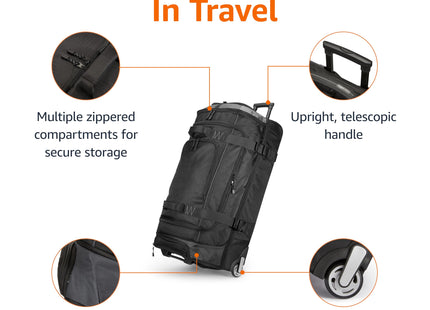 Amazon Basics 35-inch Large Rolling Duffel Bag with Wheels and Handle, Travel Duffle with Durable Ripstop Polyester Material, 2 Layers of Storage Space, Multiple Interior and Exterior Pockets, Black