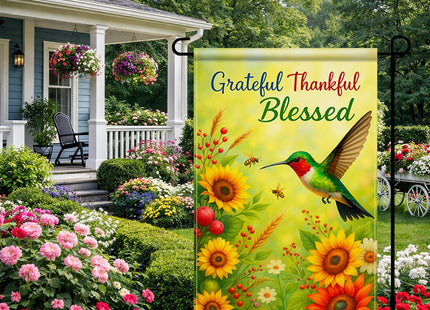 BlissYard Grateful Thankful Blessed Hummingbird Flag 12x18" Burlap