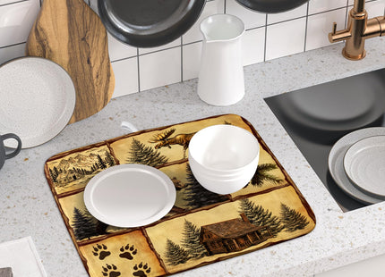 Vintage Bear Moose Dish Drying Mat 16x18 Inch Country Cabin Absorbent Dish Draining Mat Heat Resistant Drying Pad for Counter Sink Home