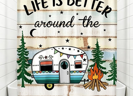 JAWO RV Camper Shower Curtain, Life is Better Around The Campfire Retro Wood Plank Camper Trailer Pine Tree Print Waterproof Fabric Curtain for RV Bathroom Camping Themed Home Decor, 47X64inch
