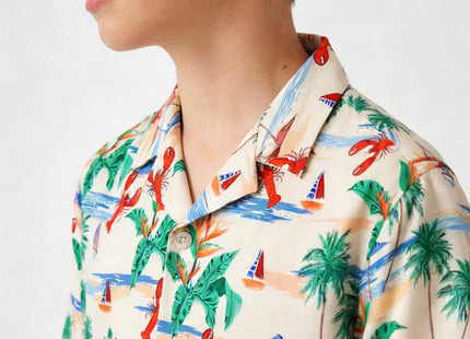 SANGTREE Boys Hawaiian Shirt Button Down Shirts, Beige Lobster, 2-3T