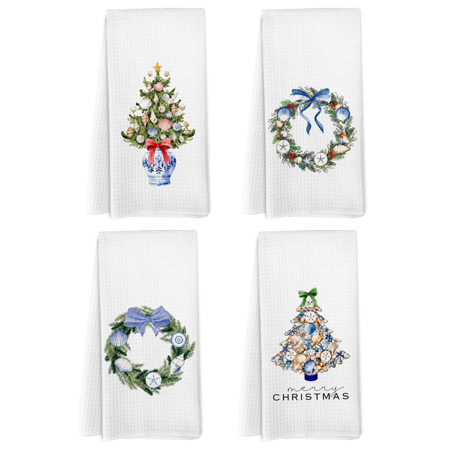 Yorhifa Christmas Tree Wreath Seashell Kitchen Dish Towels, Coastal Beach Xmas Bathroom Decor, Chinoiserie Coquette Bow Winter Christmas Hand Towels for Bathroom Kitchen Decor, 16x24 Set of 4
